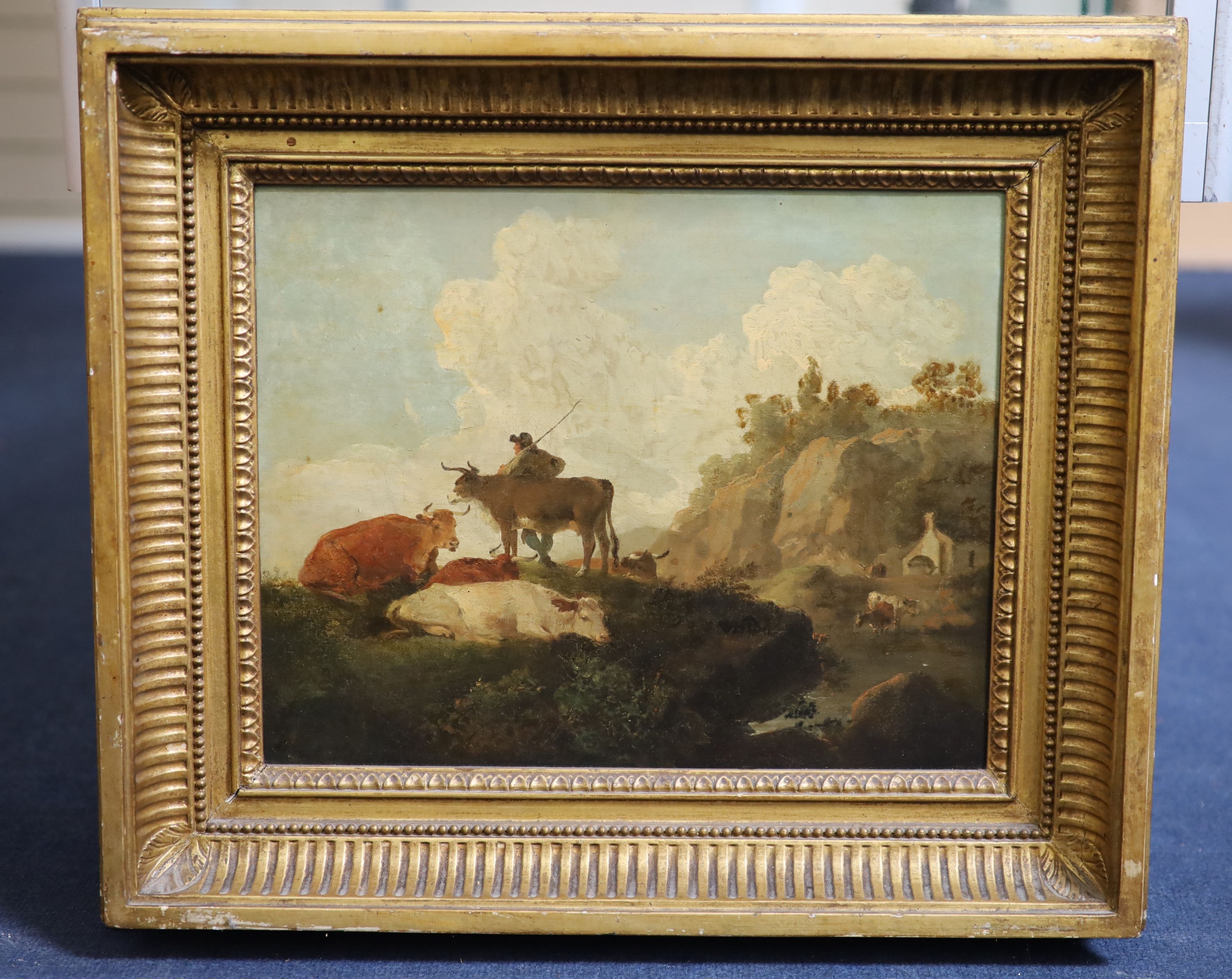 Julius Caesar Ibbetson (1759-1817), Cows resting in a landscape, Oil on canvas, 30 x 37cm.